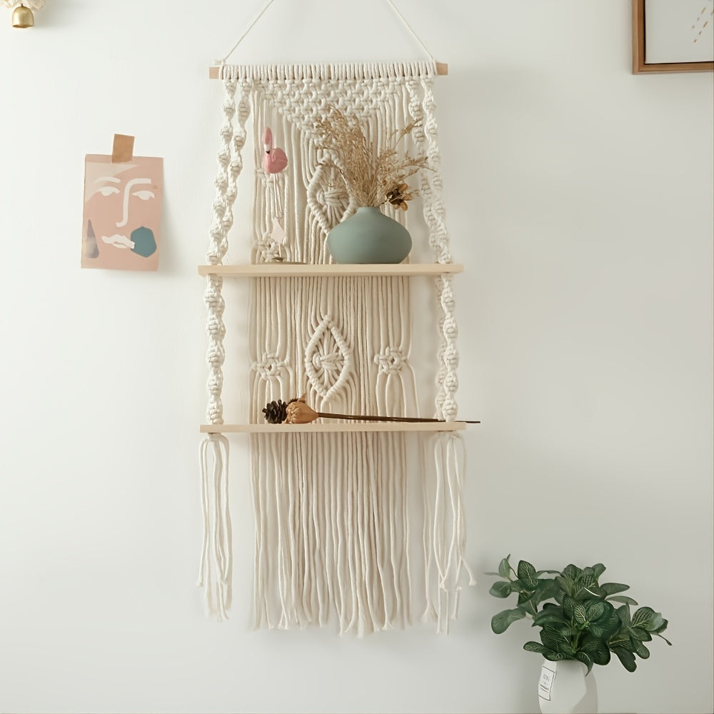 Macrame Wall Hanging, Plant Decor Shelf, Indoor Outdoor Floating Wood Shelve Decorative Hand Made Rope Boho Shelving For Plants