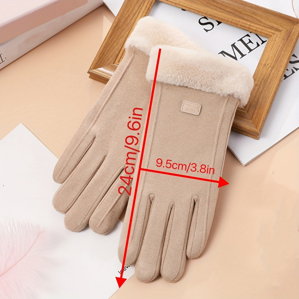 1pair Thermal Plush Suede Gloves, Windproof Touch Screen Winter Outdoor Gloves For Ladies