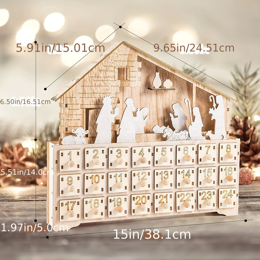 1pc Christmas Countdown Calendar - Christmas Wooden Advent Calendar - 24 Drawers Christmas Calendar With LED Ornaments - DIY Christmas Crafts