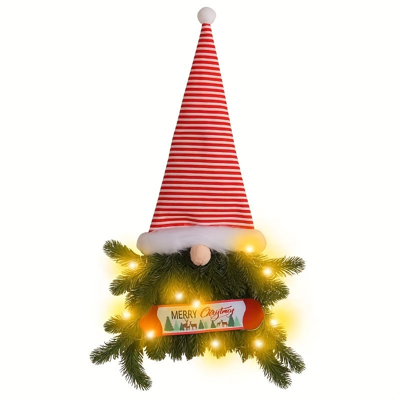 1pc, Luminous Christmas Wreath Upside Down Tree, 2023 Striped High Hat Santa Pendant Creative Christmas Tree Door Hanging With Light String Without Battery, Scene Decor, Festivals Decor, Offices Decor, Yard Decor, Christmas Decor