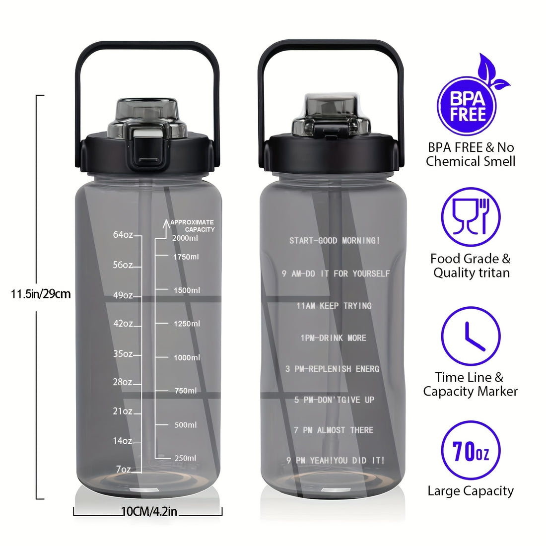 Half-Gallon Water Bottle With Sleeve 70 Ounces (2 Liters) Inspirational Water Bottle With Straw And Time Stamp, Drinkable-Leak-Proof Tritan BPA-Free Sports Bottle, Reusable Insulated Neoprene Men And Women, Large Water Jug For Daily Hydration