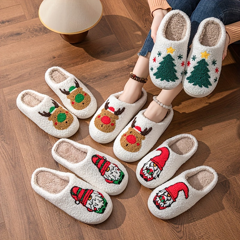 Cartoon Christmas Deer Print Slippers, Slip On Round Toe Non-slip Fuzzy Warm Home Slippers, Plush Cozy Indoor Shoes