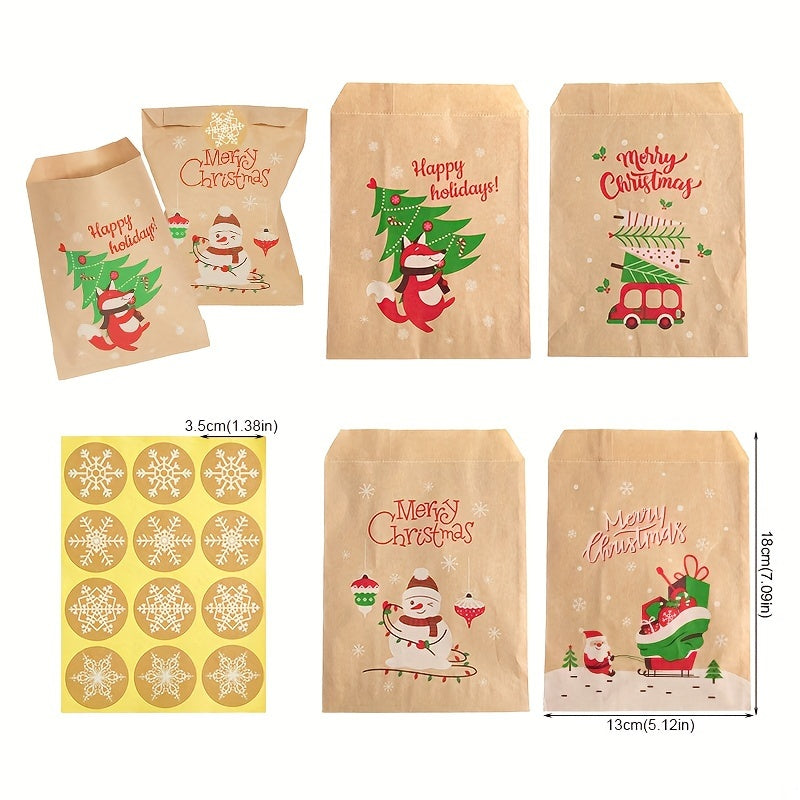 24pcs, Retro Christmas Kraft Paper Bags With Stickers Santa Claus Snowman Fox Xmas Party Favor Bag Candy Cookie Gift Pouch Holiday Present Wrapping Supplies Christmas Gift Paper Bag, Christmas Cheapest Items Available, Clearance Sale, Party Gift Bag