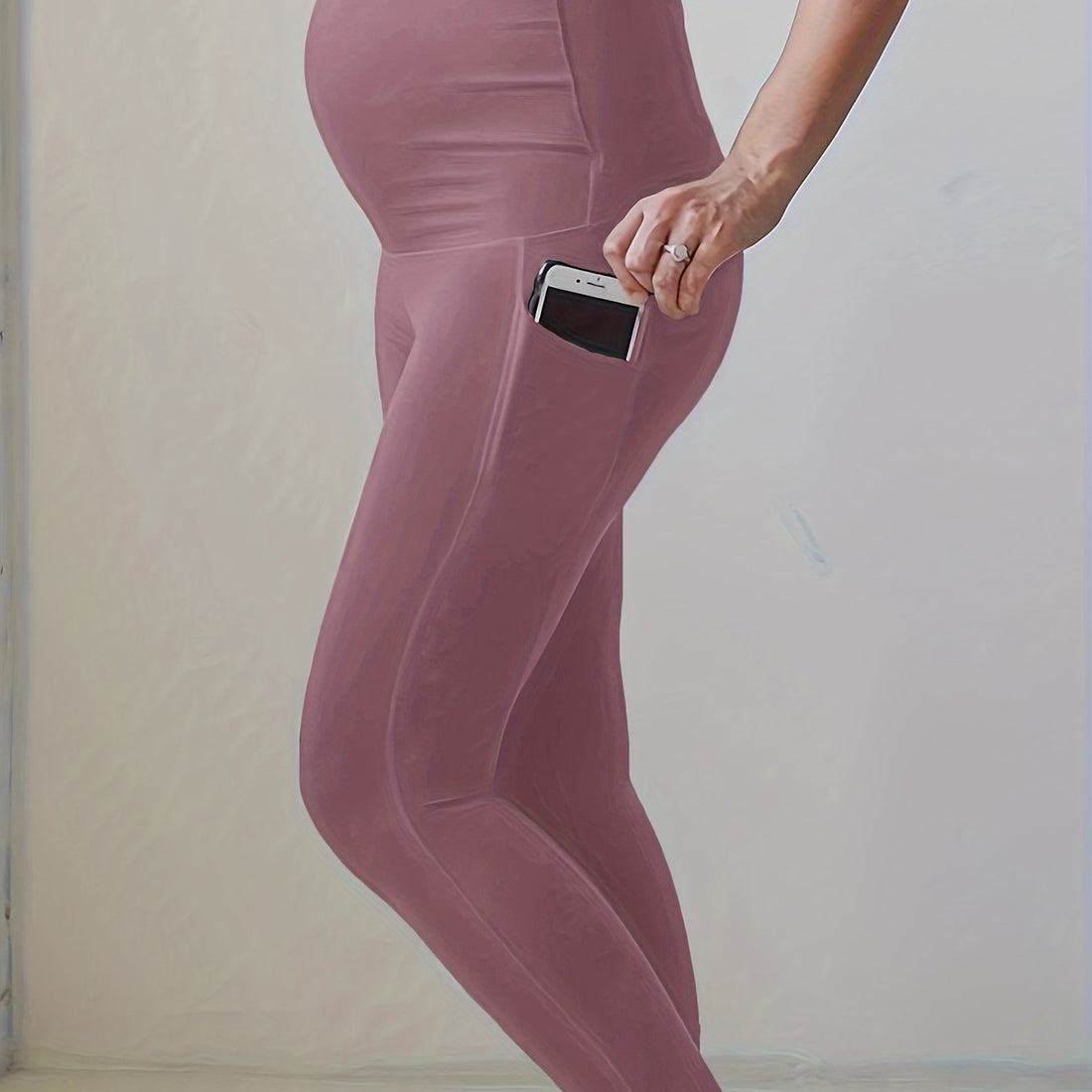 Comfy & High Waist Solid Tummy Support Maternity Sports Yoga Pants With Pocket Pregnant Women's Stretchy Base Layer Leggings