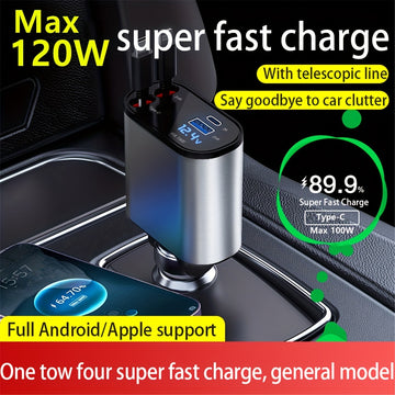 120W Car Charger 4 IN 1 With Retractable Cable Digital Display USB Type-C Fast Charging For IPhone Samsung Xiaomi Fast Charge Adjustable Cord Cigarette Lighter Adapter