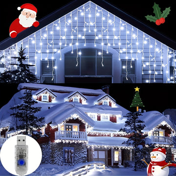 1 Pack Icicle String Lights, 8 Modes Christmas Lights Outdoor, Waterproof USB Powered Christmas Holiday Decorations, LED Twinkle Lights For Patio House Garden Tree Fence Yard Party