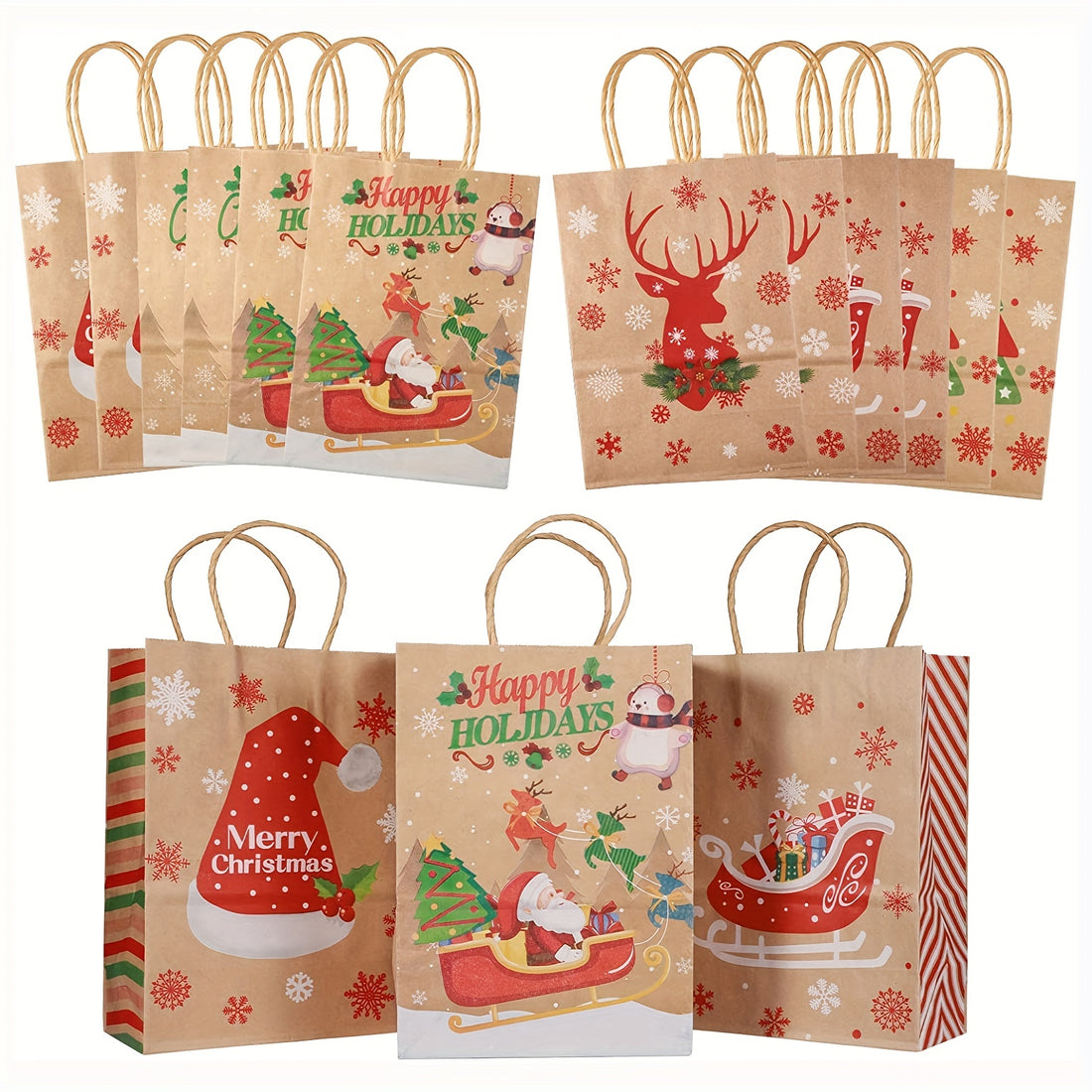 8pcs Christmas Gift Bags, 8 Designs Christmas Kraft Paper Bags, 21.08x14.99x8.13 Cm With Handles Xmas Gift Bags, Suitable For Holiday Kraft Paper Gift Bags, Christmas Gift Bags, Party Gift Bags