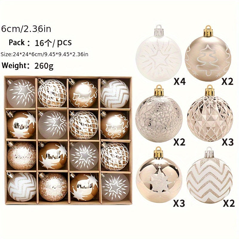 16pcs Christmas Decorations, Champagne Gold And White Christmas Ball Decorations, Christmas Tree Pendants, Home Party Decorations, Scene Decor, Room Decor, Home Decor, Window Decor Pendant, Holiday Party Decor (With Rope)