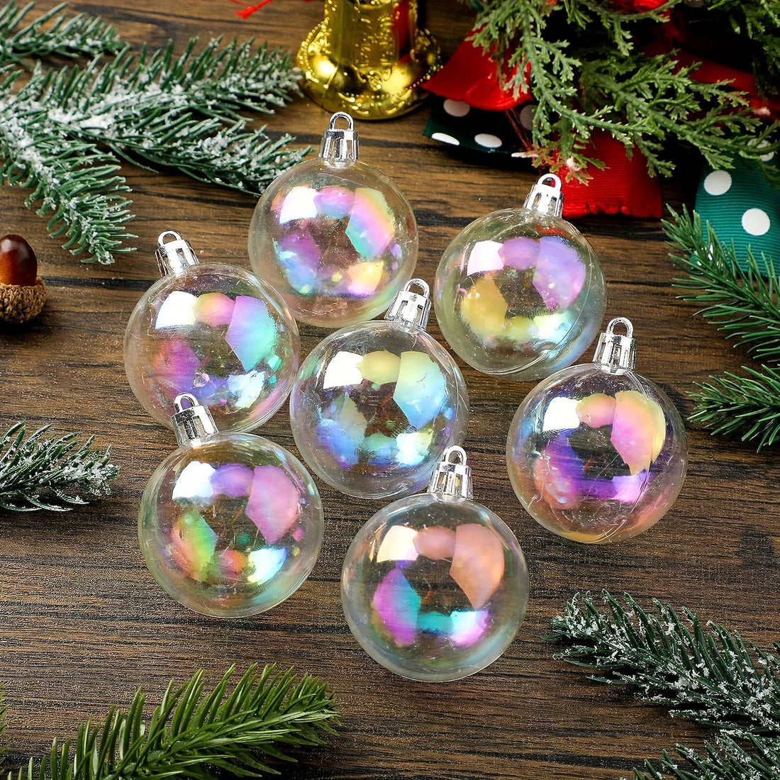 12pc Christmas Colorful Transparent Ornament Ball, Christmas Tree Ornament, Cake Wishing Ball, Insert Ornament, Christmas Gift, Pendant Decor Ornament, Scene Decor, Room Decor, Home Decor, Window Decor Pendant, Holiday Party Decor