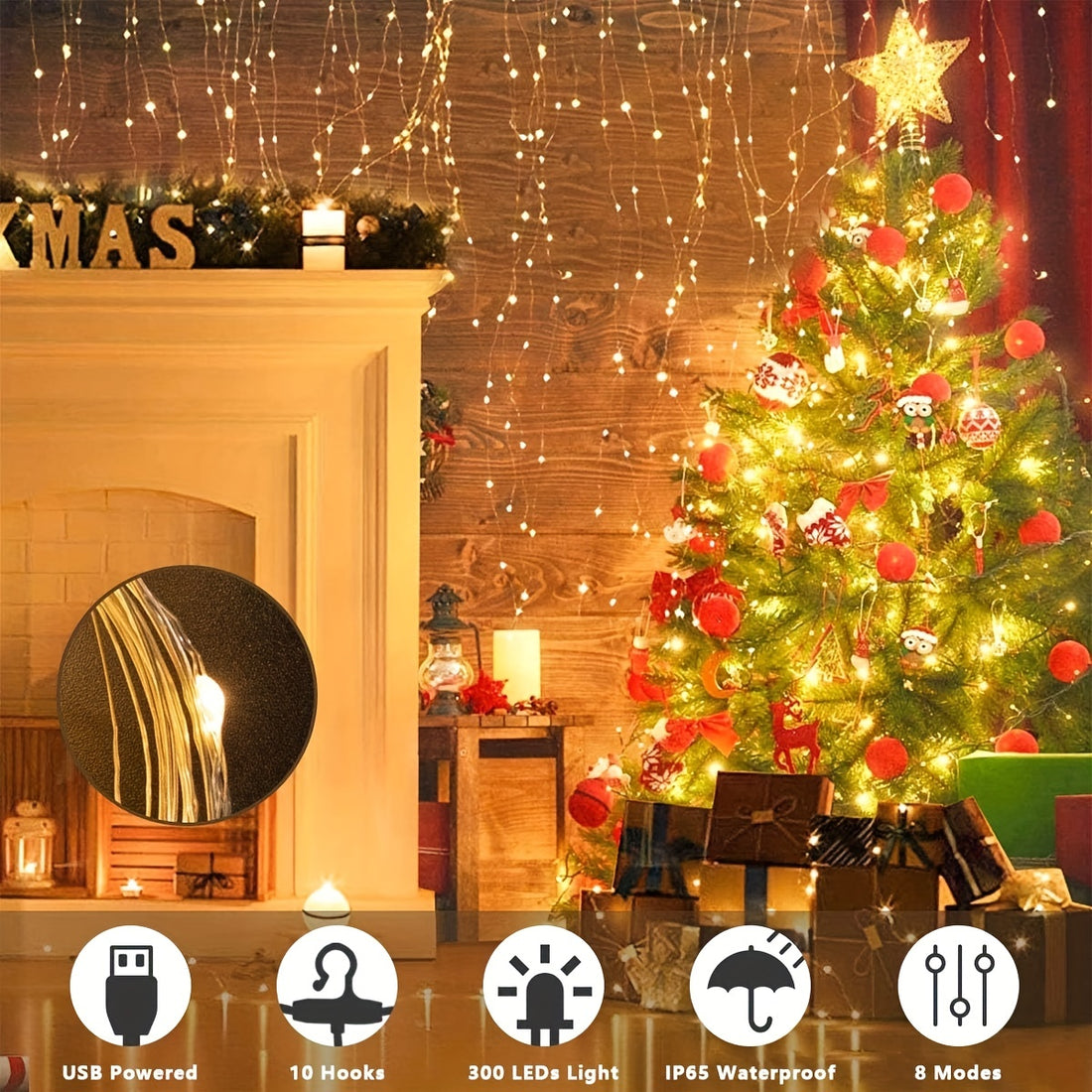 1pack 300LED Curtain Lights, For Bedroom, 9.8 X 9.8ft Warm Fairy Lights Indoor, 8 Modes String Lights With Remote, USB Twinkle Lights Outdoor Hanging Lights Indoor For Bedroom,Wedding,Christmas,Party,White, Warm White, Color Remote Control With Hook