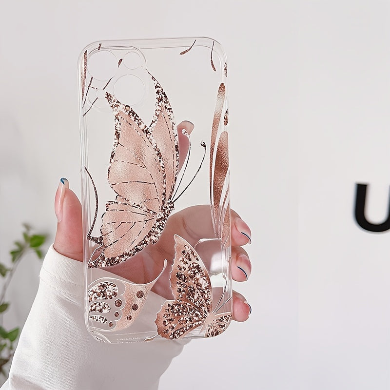 Transparent Golden Butterfly Graphic Printing Phone Case For Iphone Series Phones For Valentines Gift