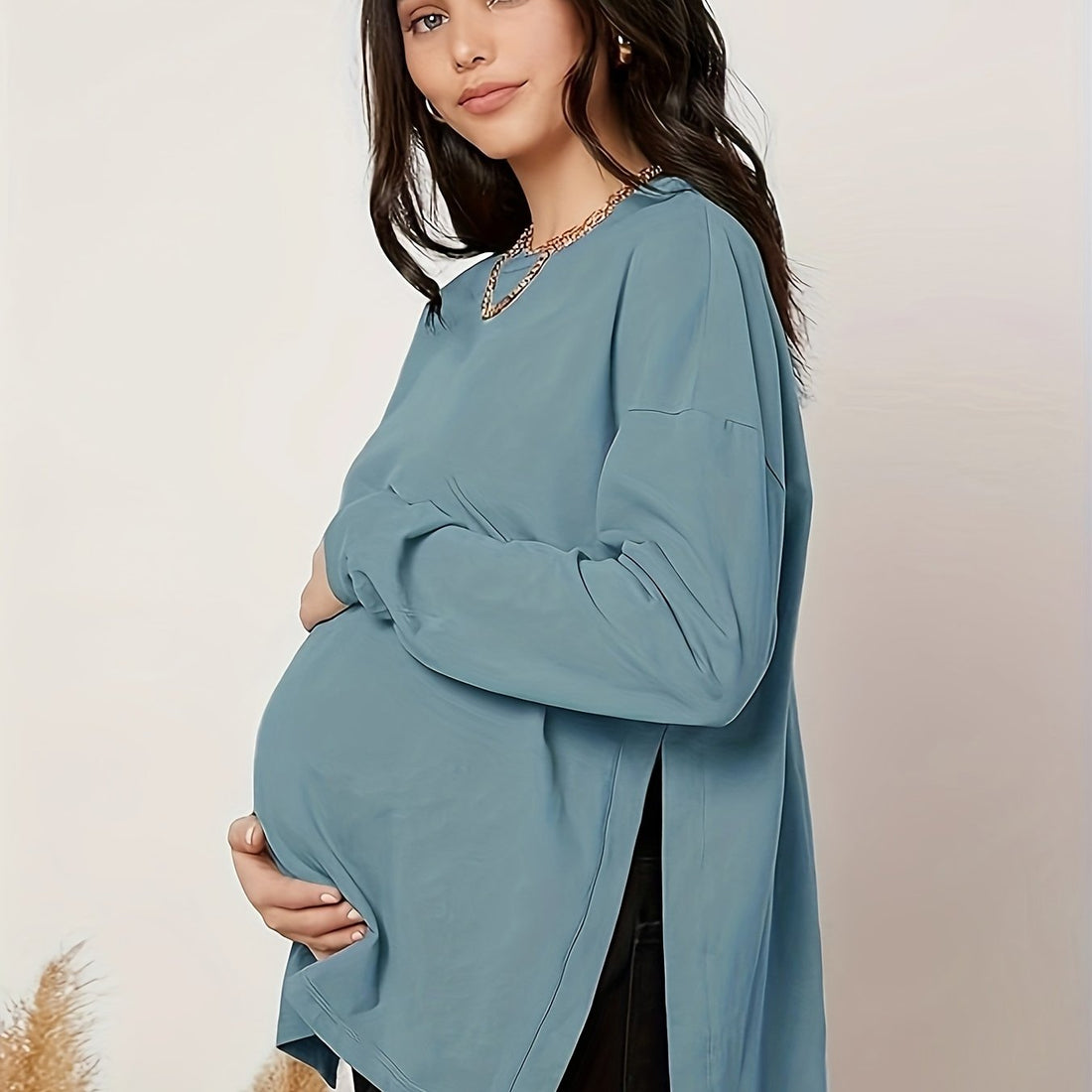 Women's Maternity Trendy Long Sleeve Double Side Hem Slit Tees, Elegant Crew Neck Mid Stretch Casual Breathable Pregnancy Top For Outdoor