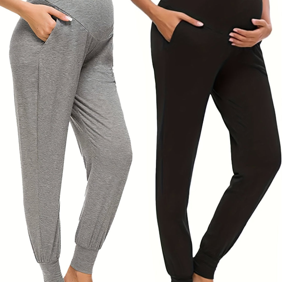 2pcs Comfy High Waist Tummy Support Maternity Sports Yoga Pants With Pocket, Pregnant Women's Solid Harem Pants