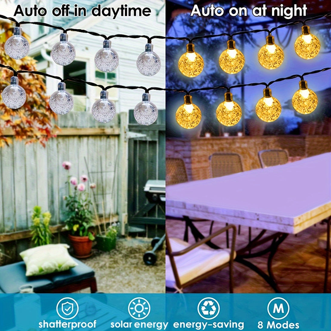 1 Pack, Solar 100 LED 19.51meter IP65 Crystal Globe Solar String Lights Outdoor, Waterproof Solar Outdoor Lights With 8 Lighting Modes, Solar Globe Lights For Garden Tree Patio Party Christmas Decorations (Warm White) (8colored)Courtyard Decoration