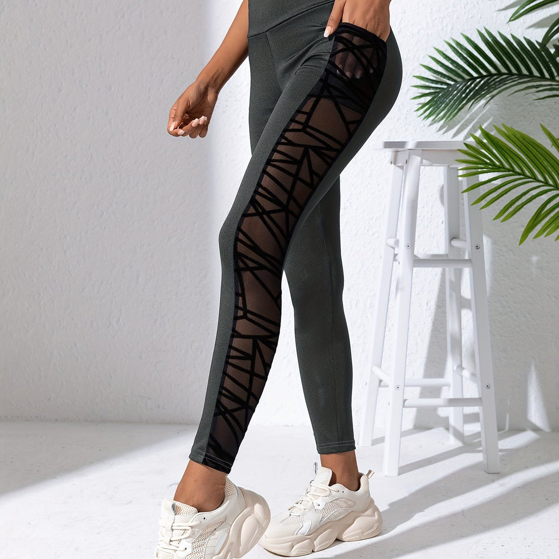 Black Mesh Stitching Pocket Sports Leggings, High Waist Hip Lifting Slimming Yoga Fitness Workout Gym Casual Pants, Women's Activewear