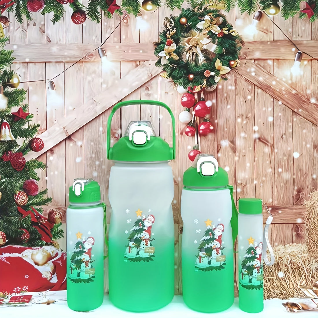 1pc/4pcs, Christmas Sports Water Bottle, Cute Xmas Tree Water Cups, Portable Water Bottles, For Camping, Hiking, Fitness, Outdoor Summer Drinkware, Travel Accessories, Birthday Gifts, 10oz/24oz/50oz/111oz