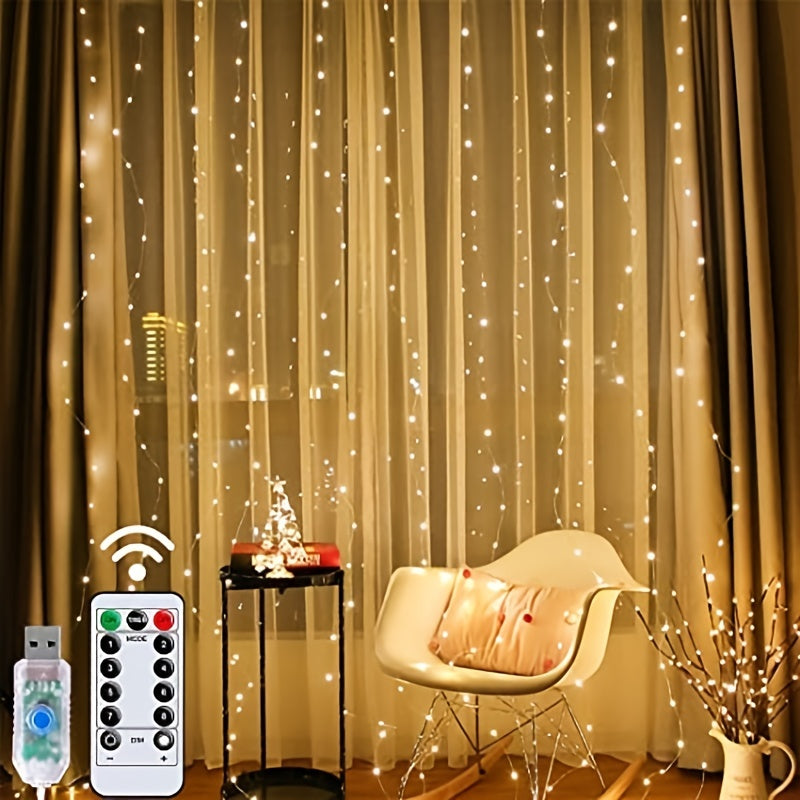 1pc Curtain Light 300 LEDs Window String Light Christmas Wedding Party Decorations, Warm White