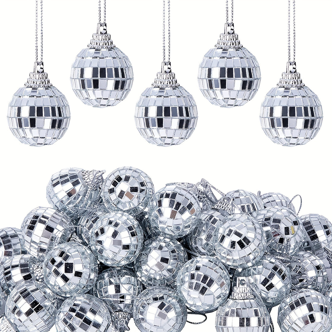 12pcs 3.05 Cm Mirror Disco Ball-Silvery Glass Bright Reflective Hanging Ball Ornament Disco Ball Cake Topper For Home Stage Club Holiday Birthday Party Festival Christmas Tree Lighting Decor