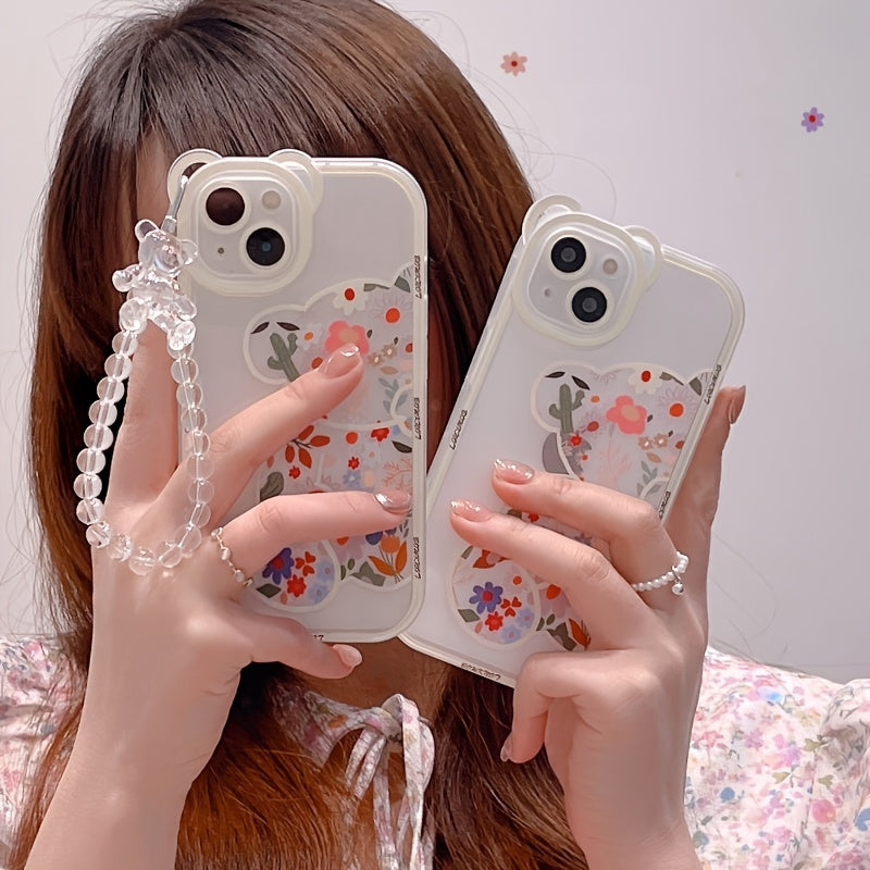 Cute Cartoon Bear & Flower Pattern Phone Case with Bead Bracelet for iPhone 13/11/14 Pro Max/12 XR/XS/7/8 Plus SE 2020/2022 SE/Mini 2022