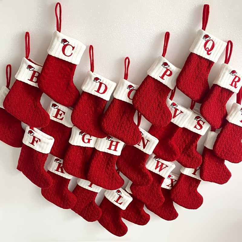 1pc, Christmas Supplies Decorative, Knitted Socks Stockings Embroidery Candy Gift Bag Alphabet Christmas Socks Gift Bag, Scene Decor, Room Decor, Home Decor, Holiday Party Decor, Christmas Decor