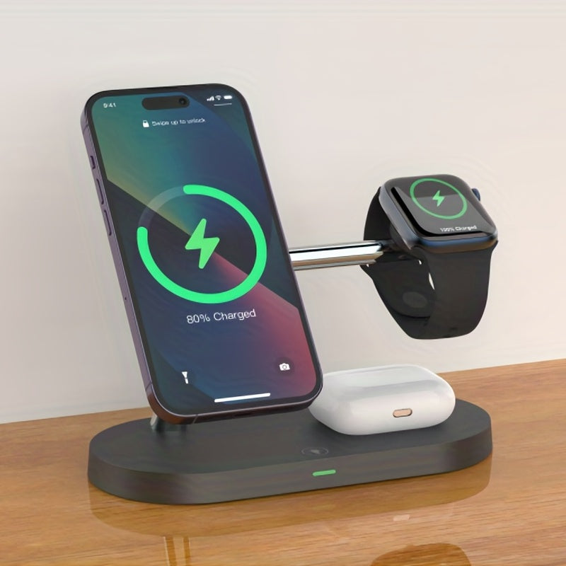 5 In 1 Magnetic Wireless Charger Stand, 15W Qi Fast Charging Dock Station Holder LED Night Light Compatible With IPhone 15/14/13/12 Pro Max Mini, For IWatch 9/8/7/SE/6/5/4/3/2, AirPods 3/2/Pro