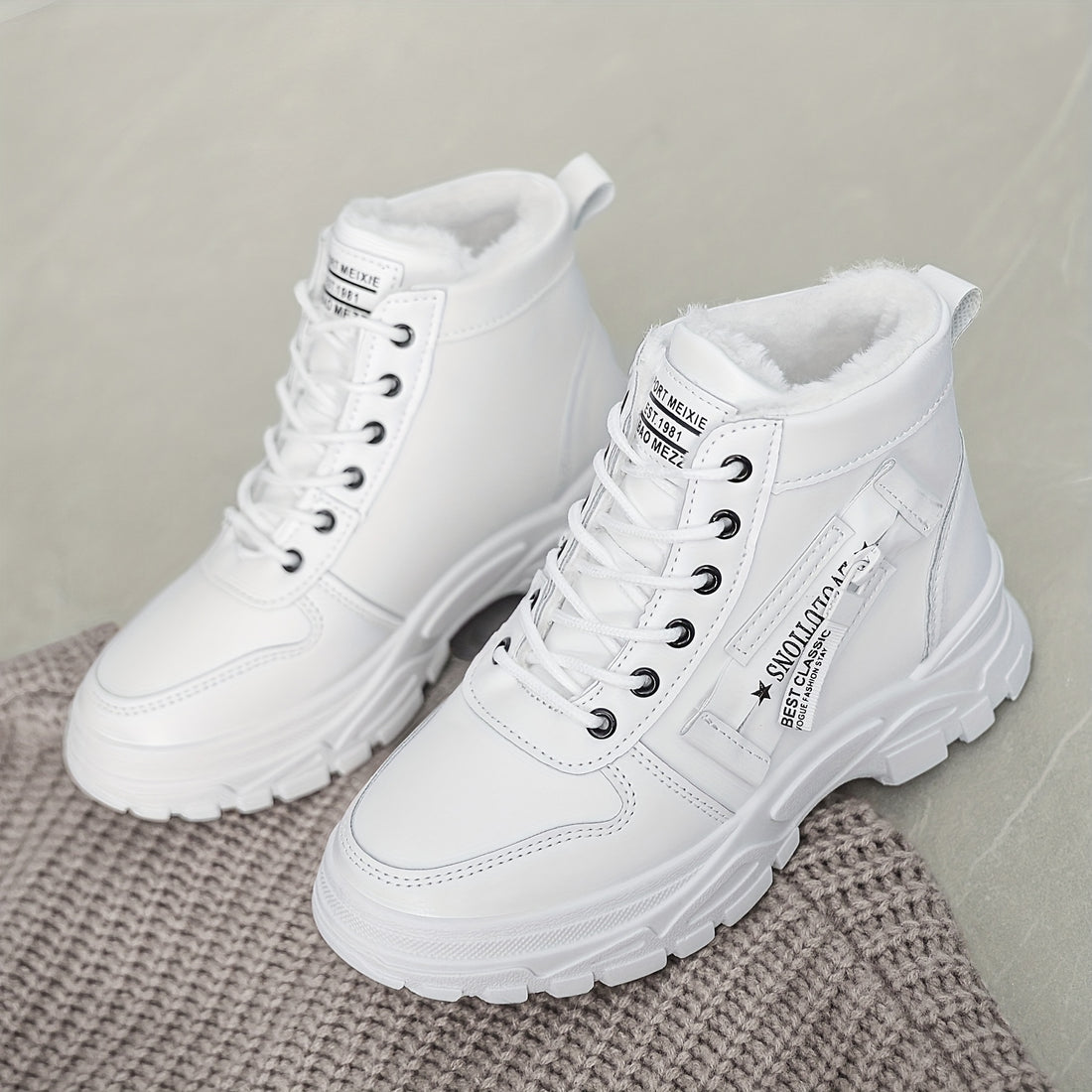 Women's Winter high top sneakers, Casual Lace Up Plush Lined Boots, Comfortable Side Zipper Short Boots