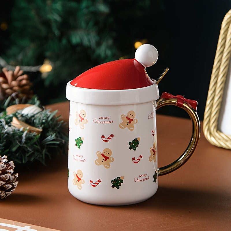 1pc, Christmas Coffee Mug With Xmas Hat Lid And Spoon, 400ml/14.1oz Ceramic Coffee Cups, Cute Water Cups, Summer Winter Drinkware, Christmas Gifts