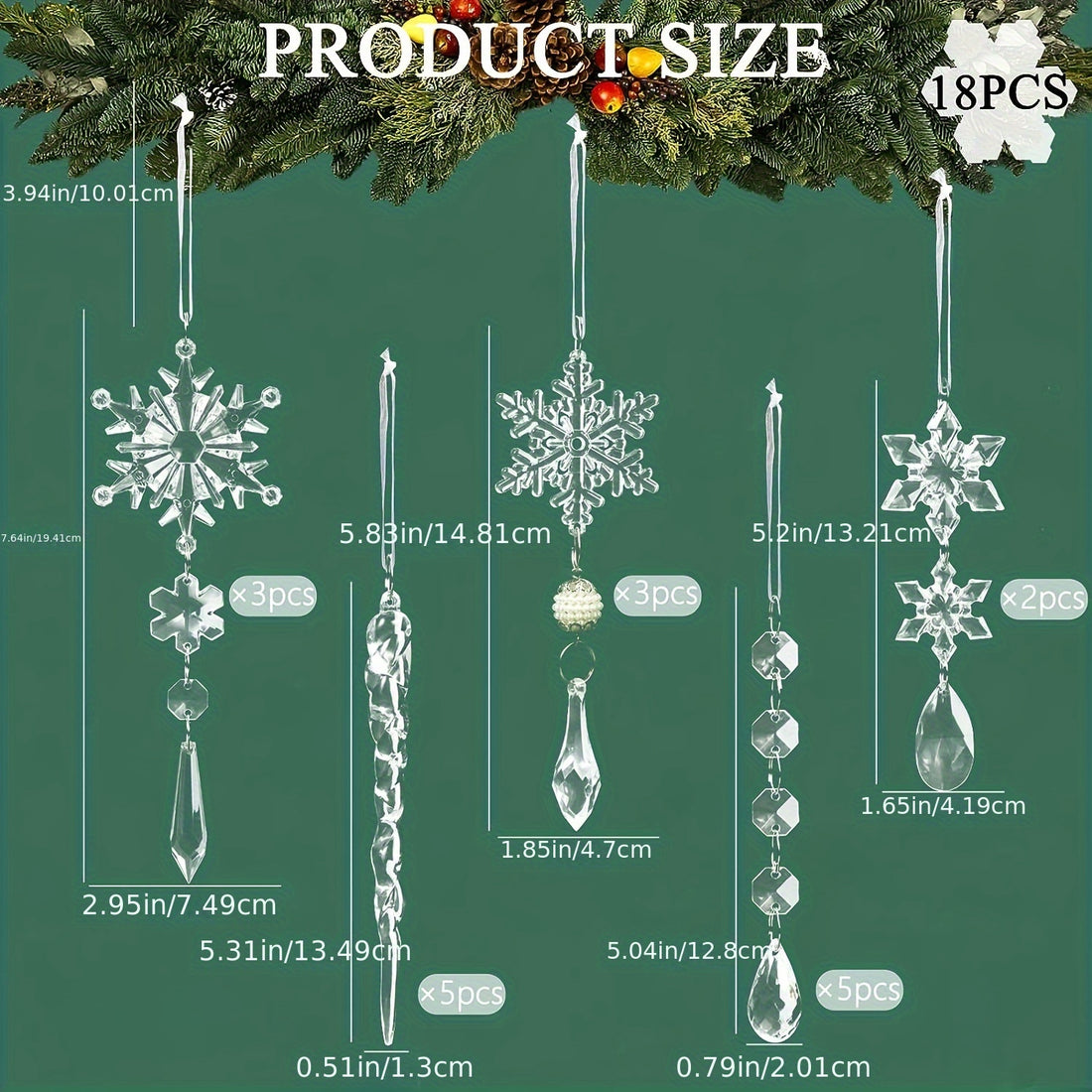 18pcs Crystal Christmas Ornaments For Christmas Tree Decorations-Hanging Acrylic Snowflake And Icicle Ornaments With Drop Pendants For Christmas Tree New Year Party Decorations Supplies