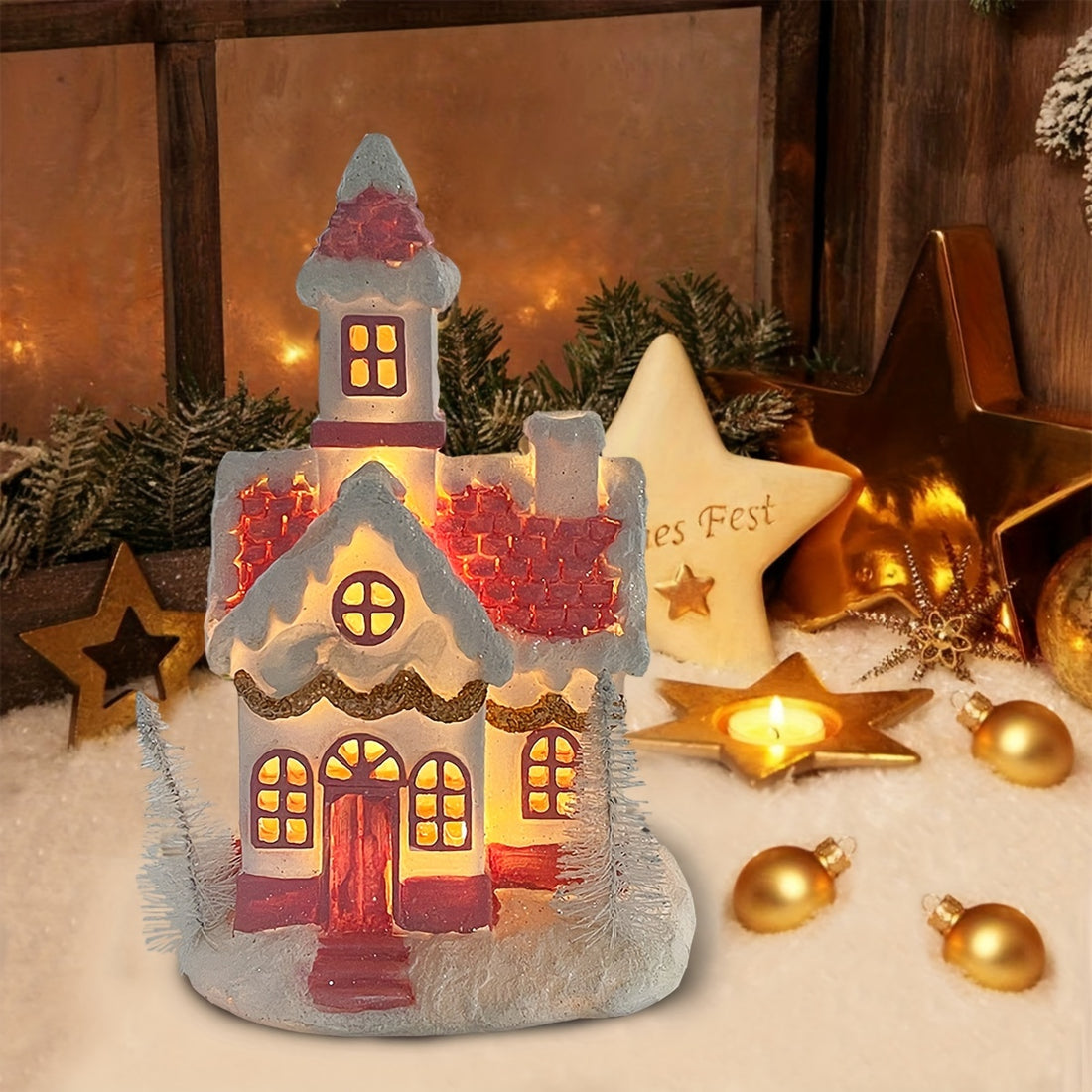 2pcs, Pink Christmas Decoration Miniature House, Christmas Creative Light Up Small House, Resin, Scene Decoration, Holiday Decoration, Room Decoration, Home Decoration, Hallway Decoration, Window Decoration, Office Decoration Hanging Ornaments