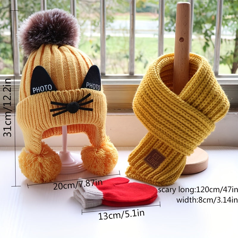 Autumn And Winter Cute Cat Pattern Children's Thickened Knitted Woolen Hat  Scarf Gloves Set For Kids