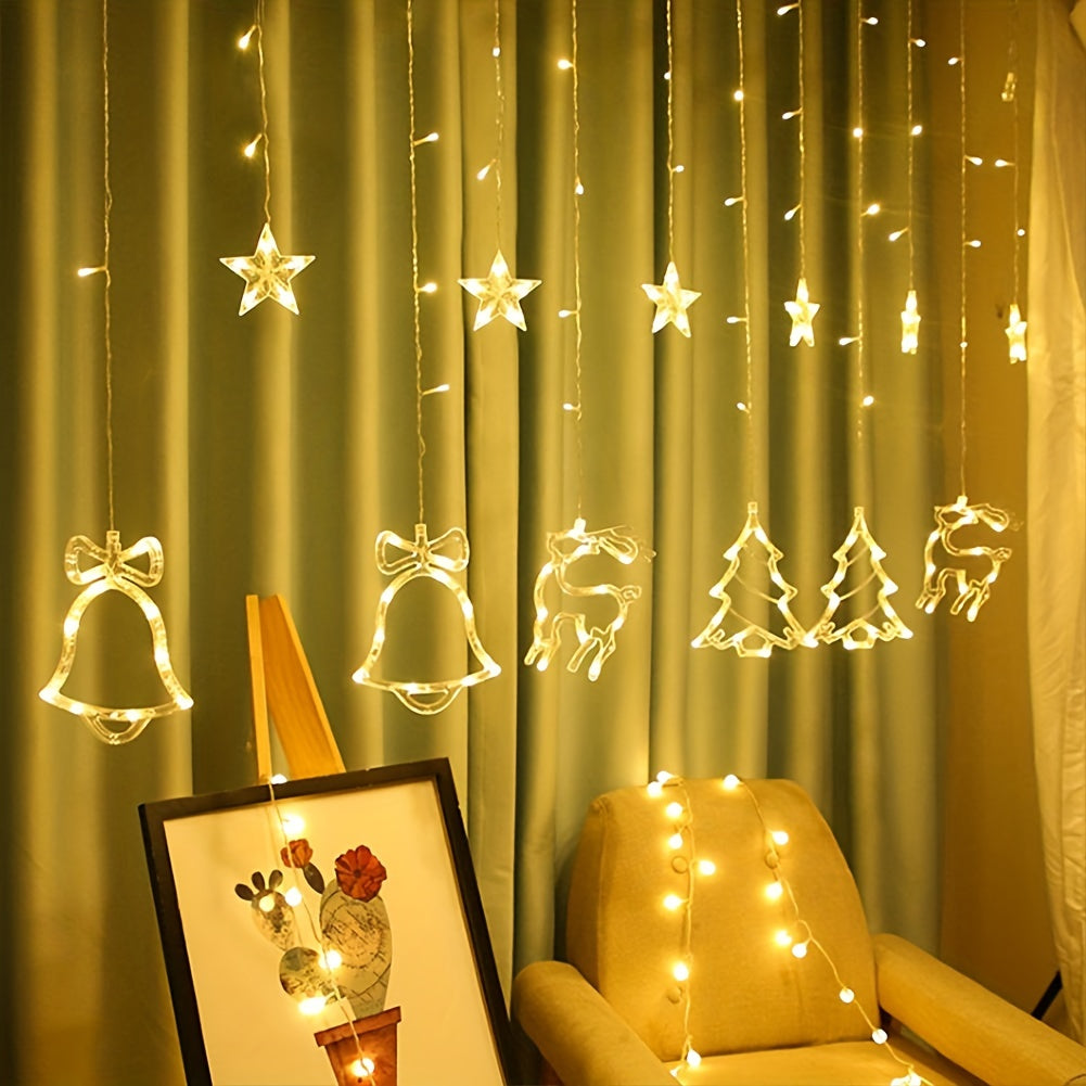 Christmas Window Curtain String Light, 138 LED Deer Bell Stars Battery Powered Curtain Lights, LED Hanging Lights For Xmas Tree Fireplace Window Decorations