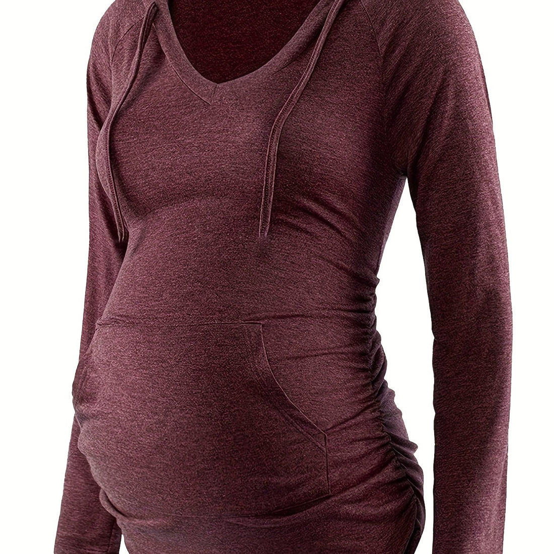 Women's Maternity Trendy Solid Hoodie, Casual Mid Stretch Breathable V Neck Pullover Pregnancy Top For Outdoor