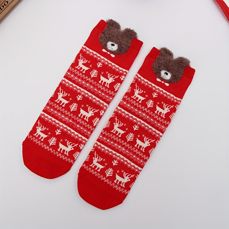 4 Pairs Cartoon Christmas Socks, Comfy & Cute Mid Tube Socks, Women's Stockings & Hosiery