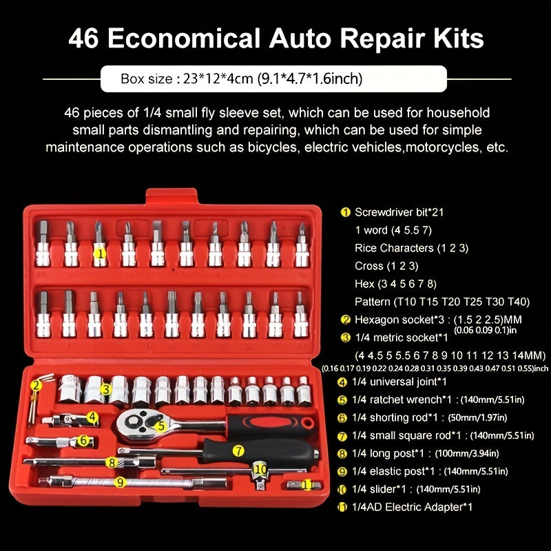 46pcs Car Repair Tool Kit: Ratchet Torque Wrench, Spanner, Screwdriver, Socket Set Combo - Perfect For Bicycle & Auto Repairing!